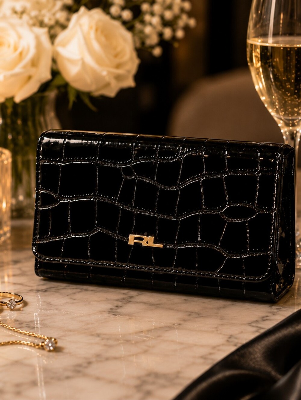 Ralph Lauren Black Croc Embossed Clutch Evening Bag w/ Mirror Gold RL Logo